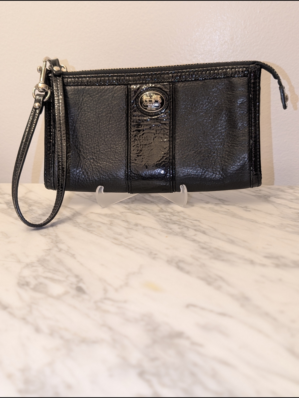 Coach Sutton Black Patent Leather Wristlet with Silver Hardware